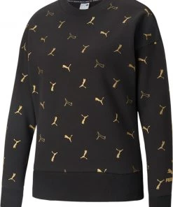 PUMA Women's Classics Graphics Allover Print Crewneck Sweatshirt Puma Black/gold