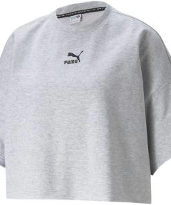 PUMA Women's Classics Raw Edge Short Sleeve T-Shirt Light Gray Heather